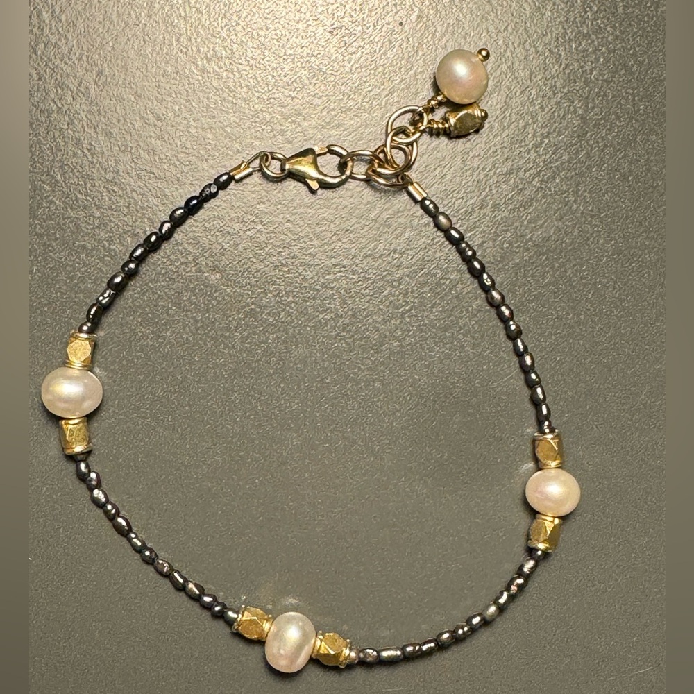 Peacock (seed) and white Fresh Water Pearl with brass accents Bracelet